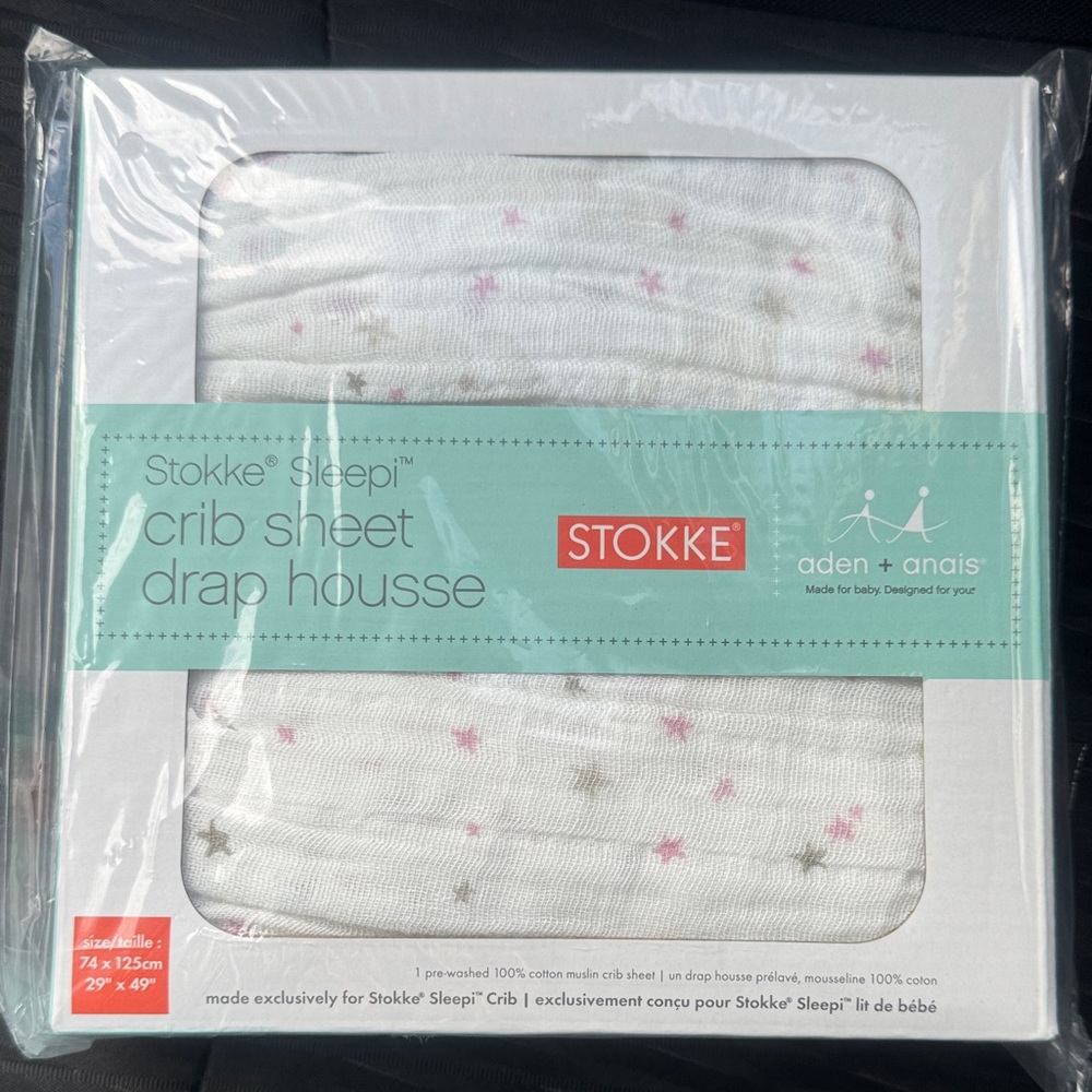 NEW Stokke Sleepi Crib Sheet by Aden + Anais Pink Grey Stars 100% Cotton Muslin